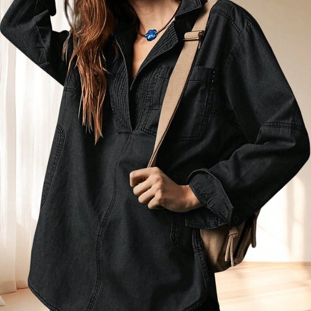 Black Casual Women's V Neck Loose Fit Long Sleeve Denim Blouse